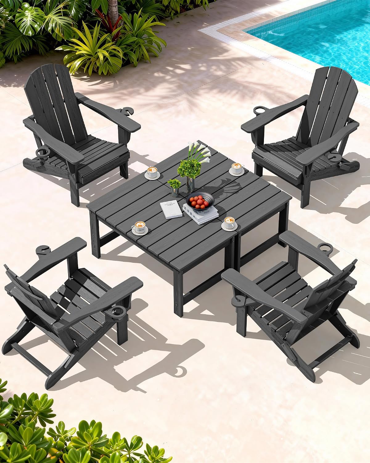 Detalle de SERWALL A031-059 HDPE Outdoor Coffee Table with Umbrella Hole, Gray