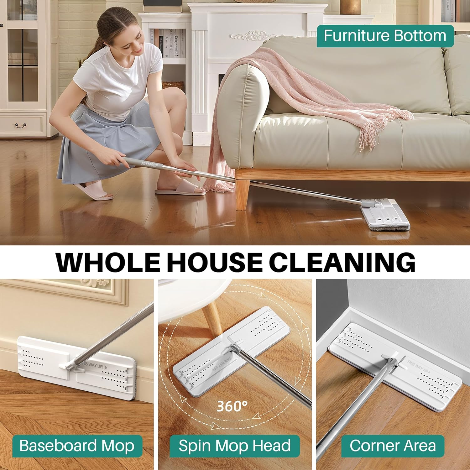 Thumbnail 6 de JOYMOOP Flat Mop and Bucket Set with Microfiber Pad + 12 Disposable Toilet Brushes in Stainless Steel Holder