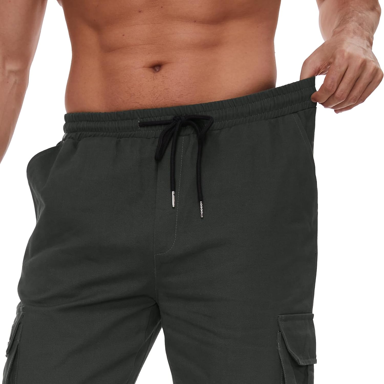Detalle 2 de YAOBAOLE Pantalon cargo homme coton taille élastique avec multi-poches