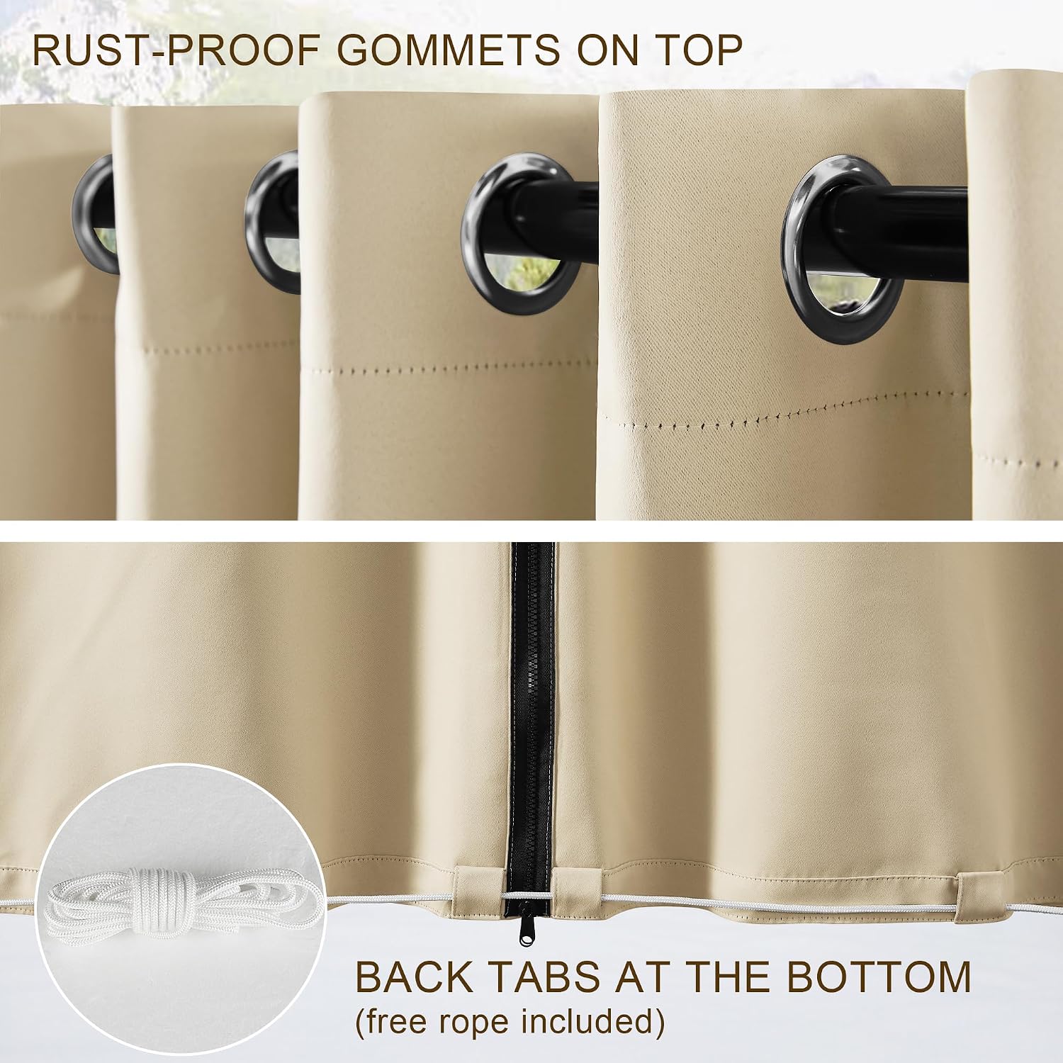 Thumbnail 6 de RYB HOME Outdoor Curtains, 52 x 84 in, Zippered 2-Panel Set, Biscotti Beige