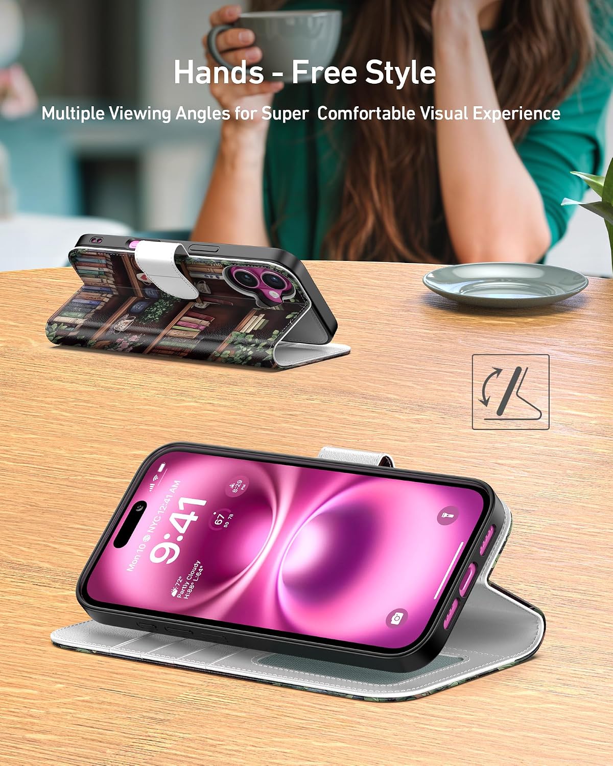 Detalle de DEENAKIN iPhone 16 Wallet Case with Card Slots, Cash Clip and Kickstand