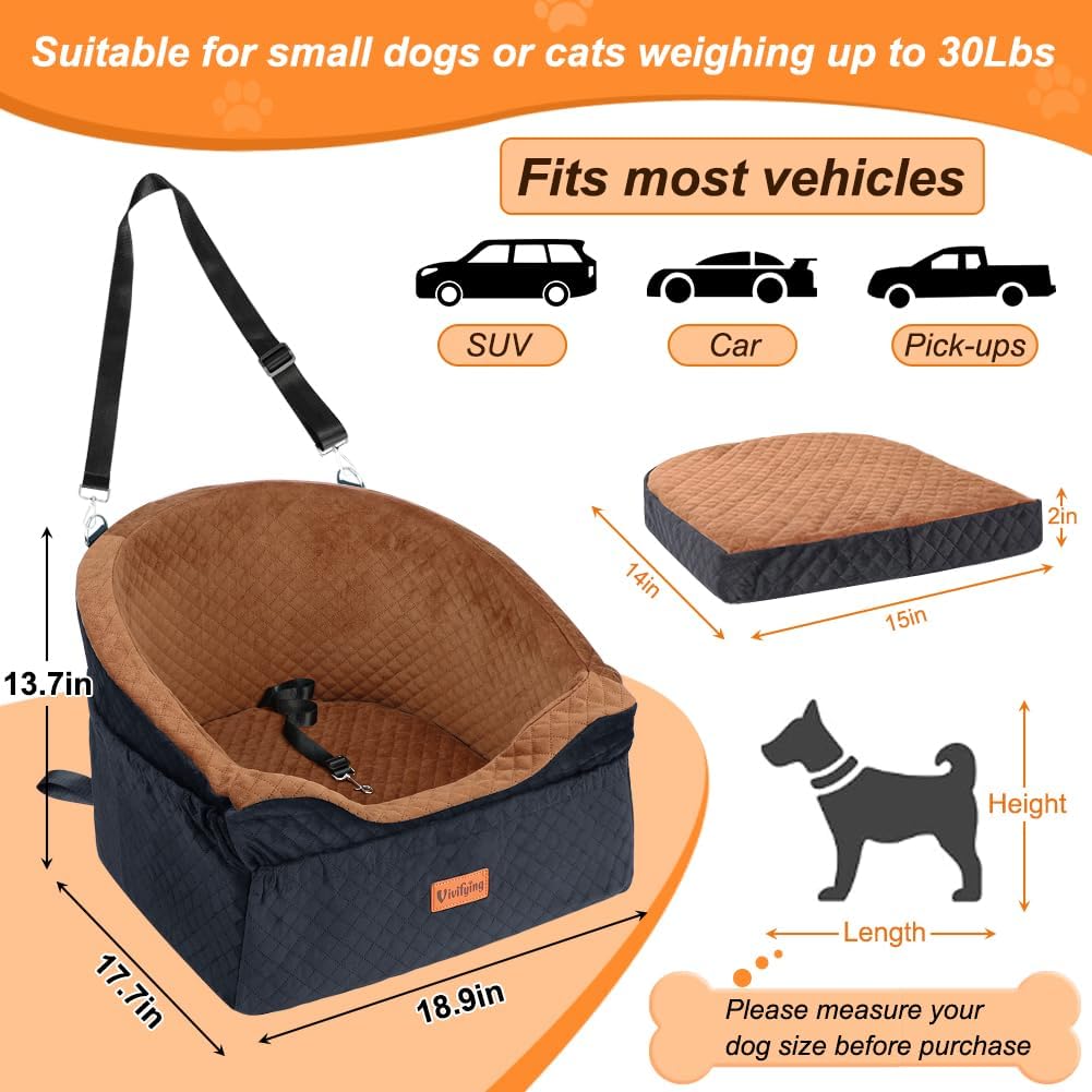 Detalle de Vivifying Hundeautositz mit Sicherheitsgurt, abnehmbarer & waschbarer Sitzerhöhung bis 11,3 kg (Braun)