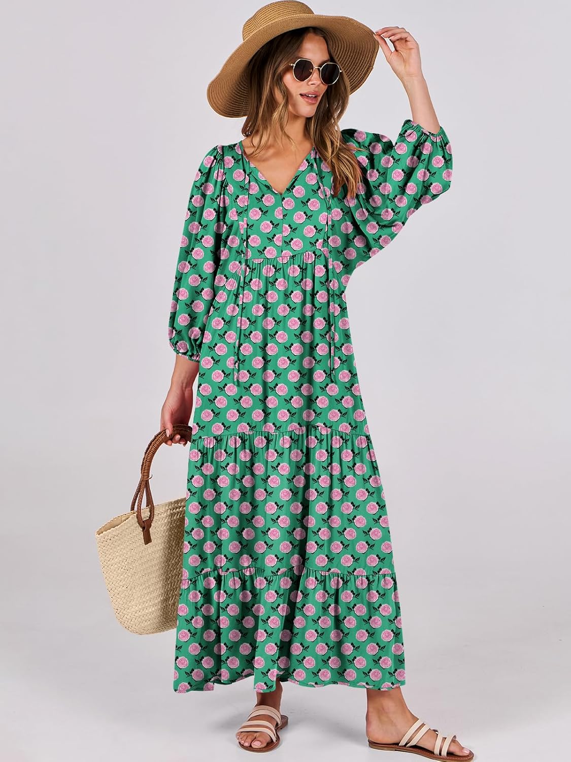 Thumbnail 1 de ANRABESS Womens Boho Maxi Dress 2026 Summer V Neck Puff Sleeve Floral Flowy Swing Dress
