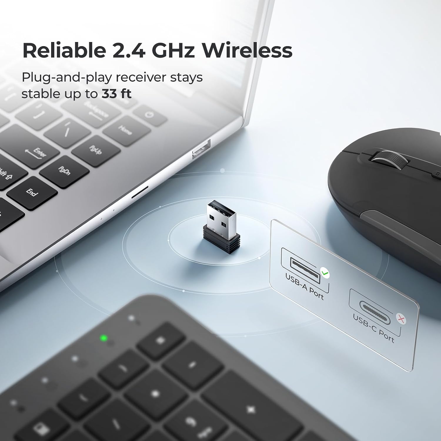 Detalle de iClever Wireless Keyboard and Mouse Set: Full-Size, Quiet, Rechargeable with Numeric Keypad