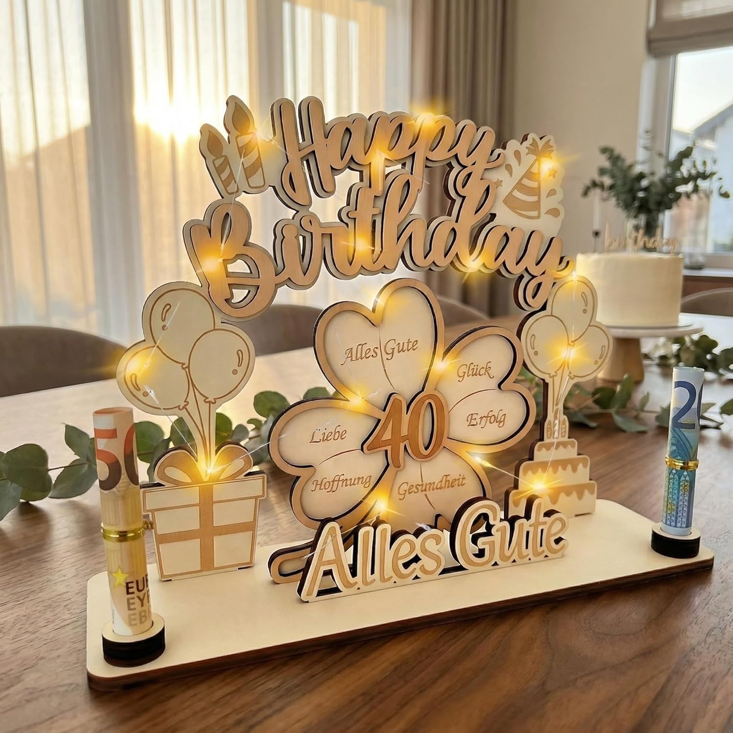 Thumbnail 6 de 40 Geburtstag Geldgeschenk für Männer und Frauen – personalisierte Holzdekoration mit 3D Glückskleeblatt, LED-Beleuchtung und verpacktem Geldgeschenk