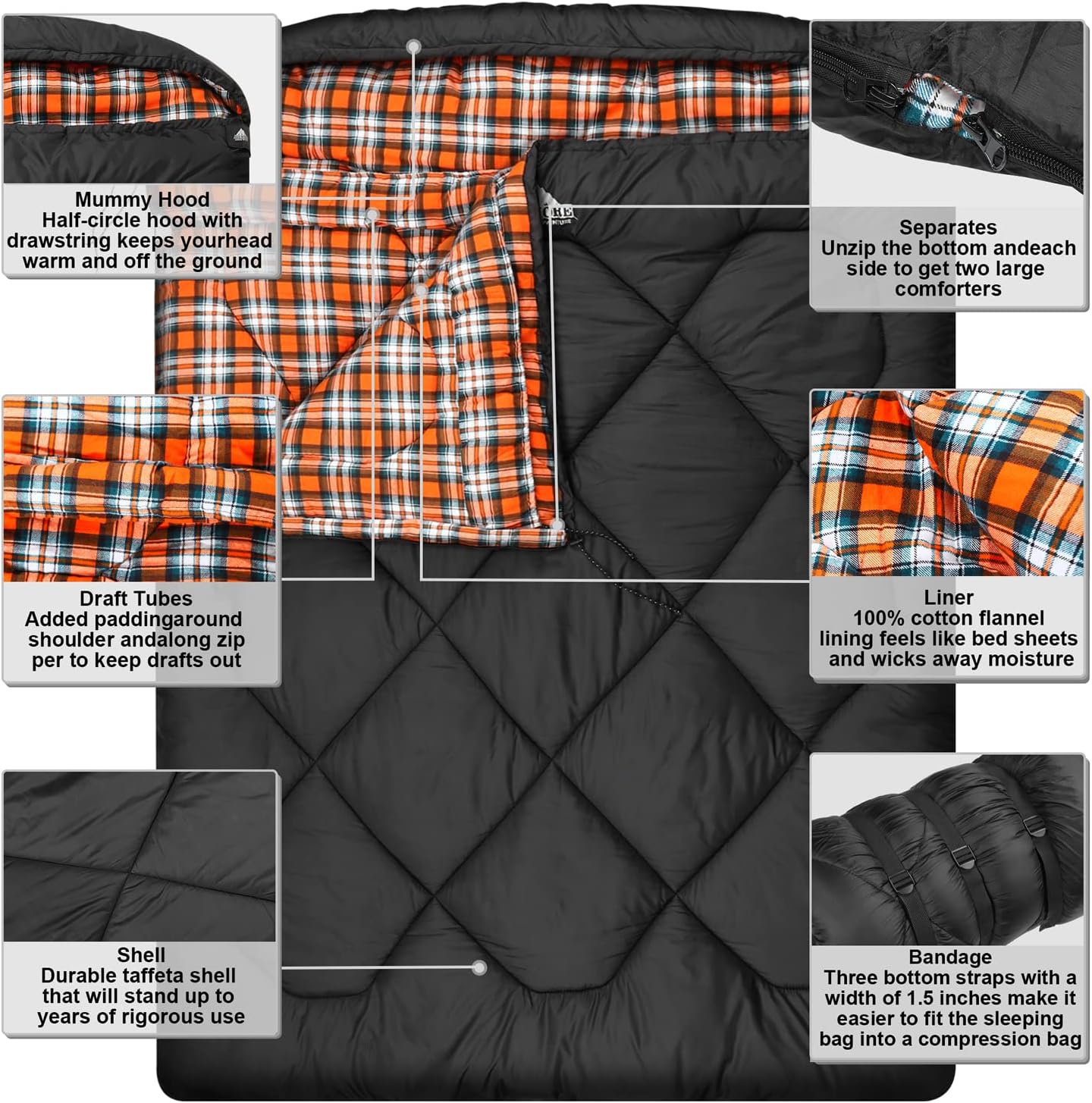 Thumbnail 3 de Mcota Winter 0 Degree Double Sleeping Bag - Double Wide Queen (2 Person) with 100% Cotton Flannel Lining