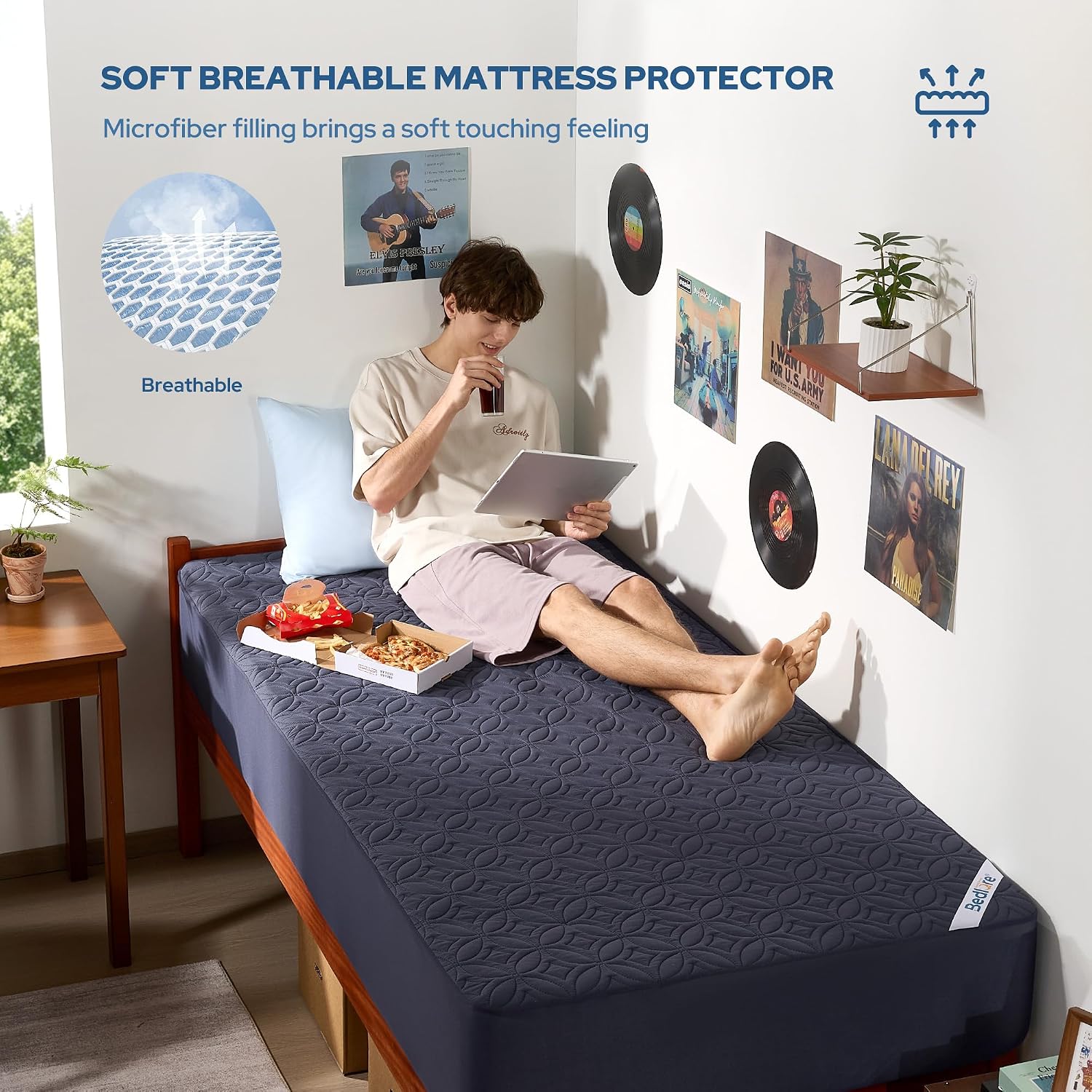Detalle de BEDLORE Twin Waterproof Mattress Protector, Navy Blue, Deep-Pocket Fit