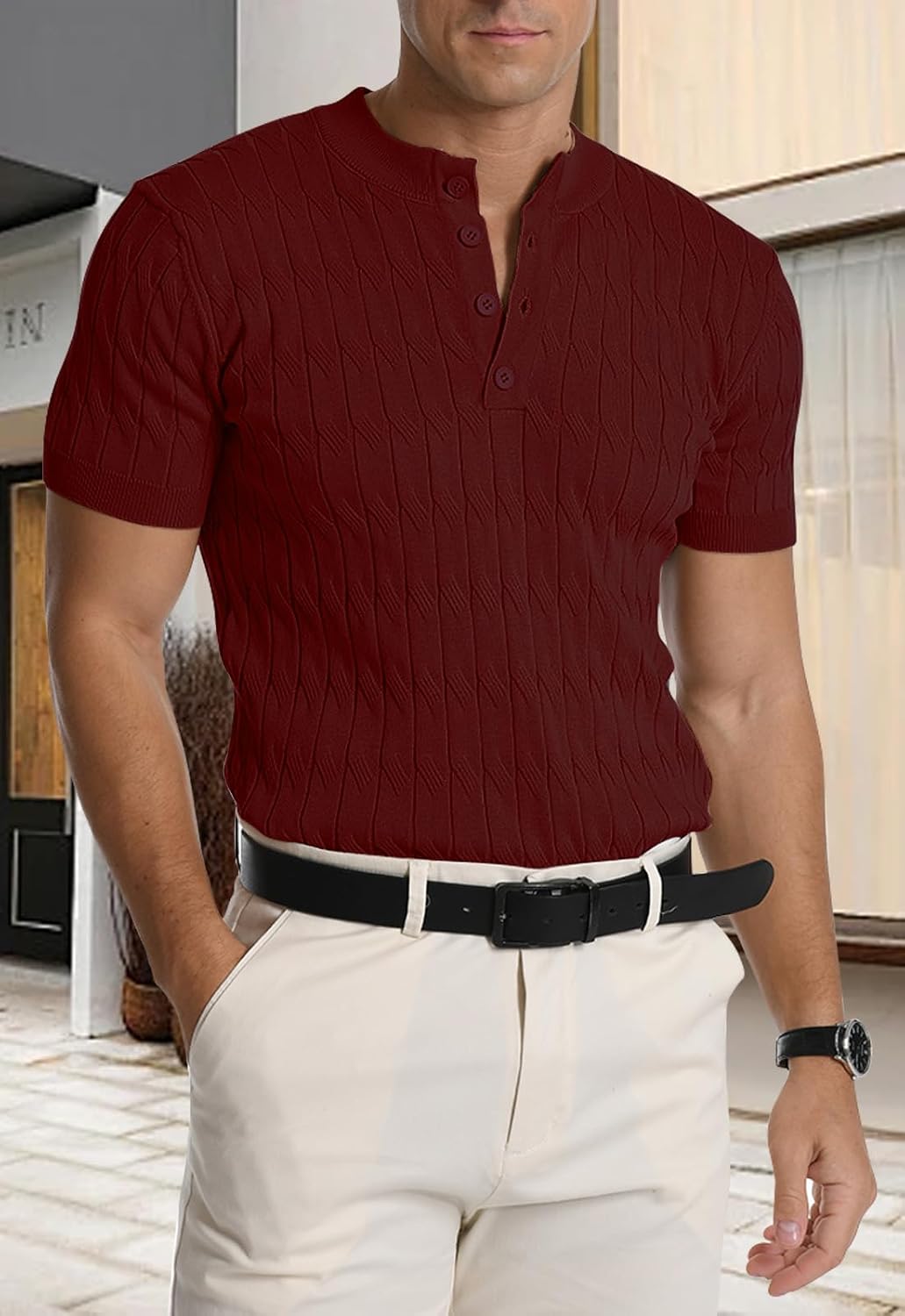 Thumbnail 2 de MLANM Men's Knitted Henley T-Shirt Polo – Short Sleeve, Slim Fit, Lightweight Summer Comfort