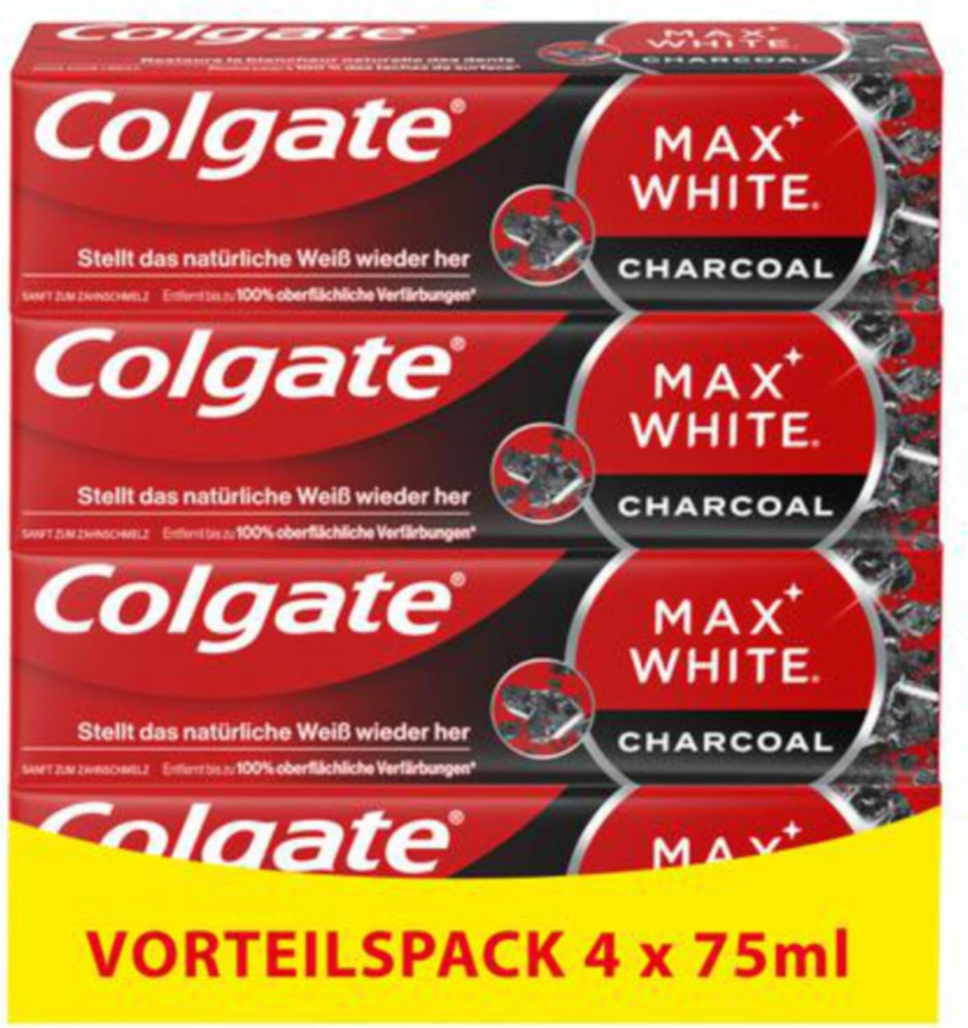 Detalle de Colgate Max White Charcoal Zahnpasta 4x75 ml – Aktivkohle, entfernt oberflächliche Verfärbungen