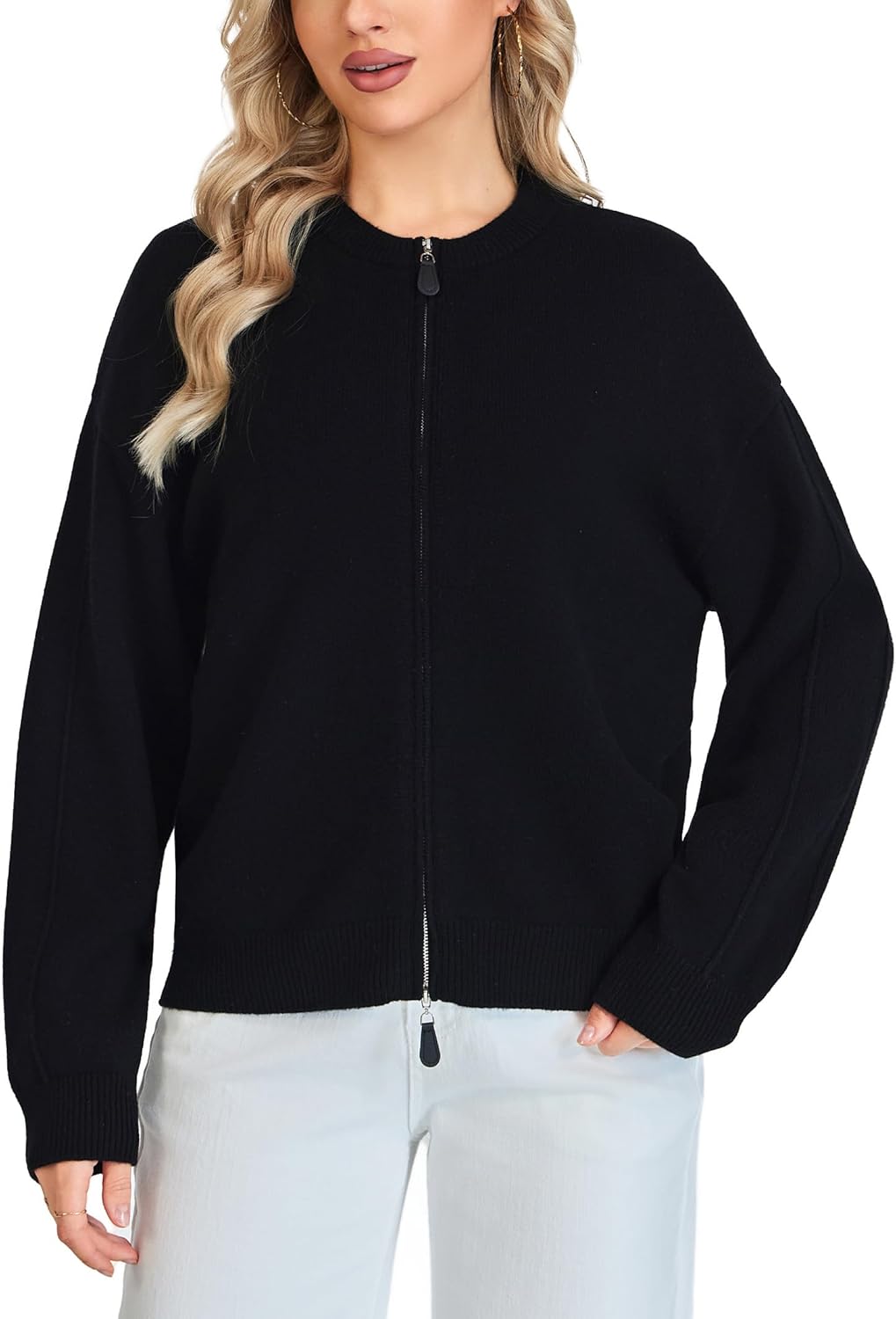 Detalle de VETLURY Damen Strickjacke aus Merinowolle mit Doppelreißverschluss – Rundhals Cardigan für Übergangszeiten