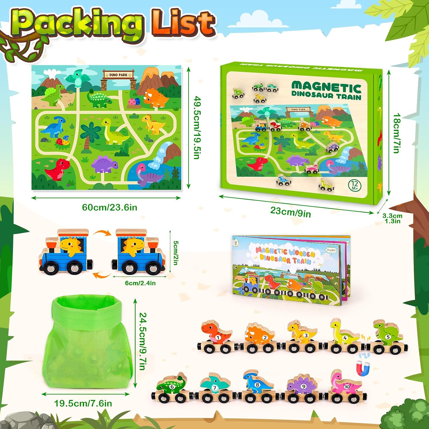 Thumbnail 6 de Toddler Wooden Dinosaur Magnetic Train Set (Age 1–3) with Carriages, Numbers 0–10 & Playmat