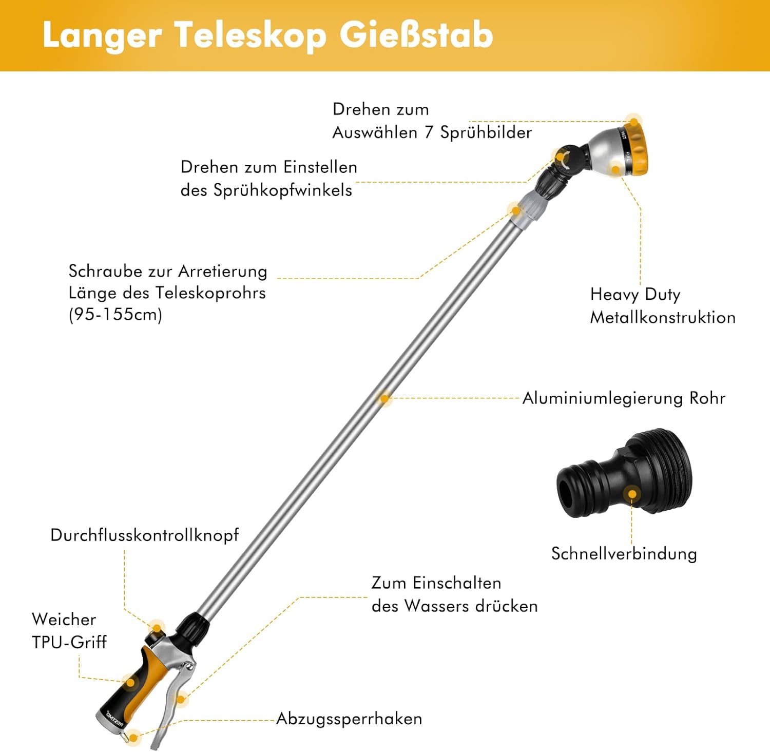 Thumbnail 2 de RESTMO Langer Teleskop-Gießstab 92–152 cm mit 180° Kopf, 7 Sprühmustern und Durchflusskontrolle – Gelb