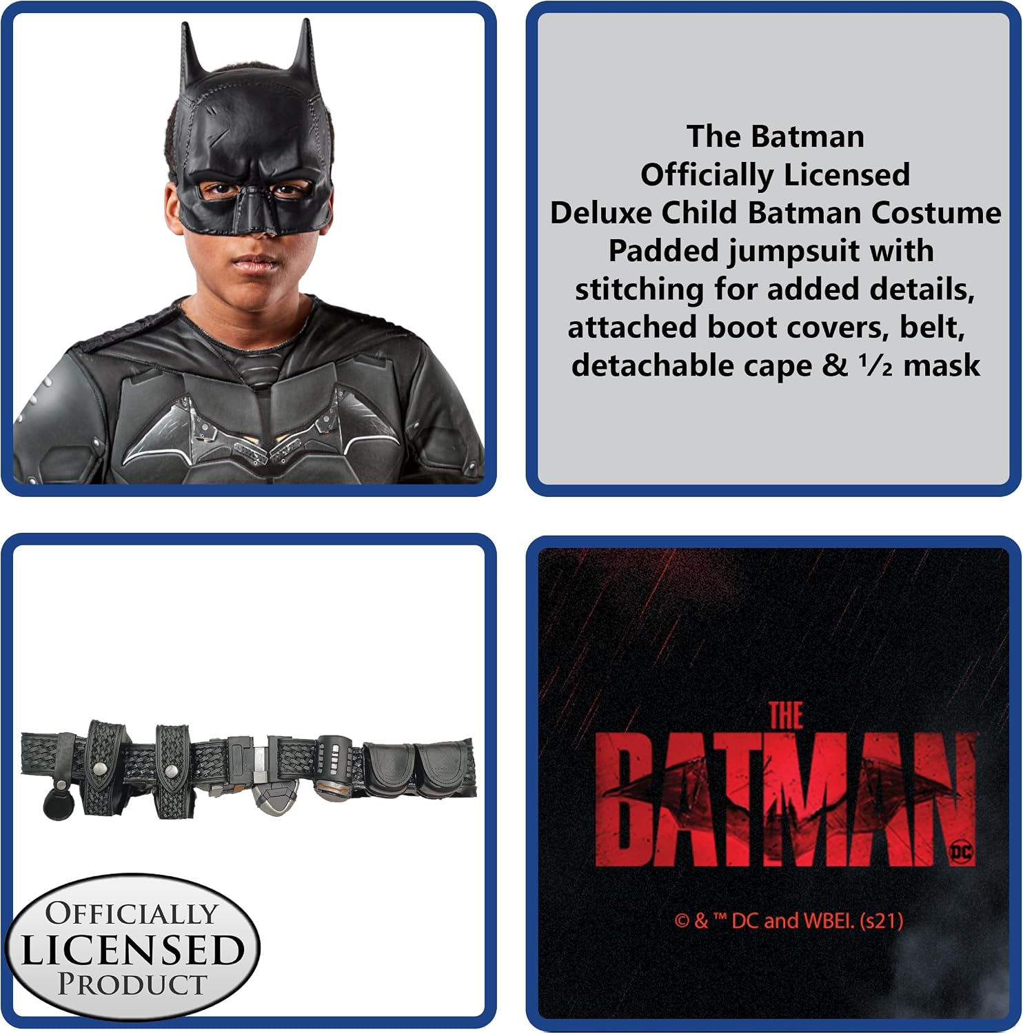 Detalle 2 de Rubies The Batman Kids’ Costume, Padded Jumpsuit, Cape, Mask and Belt