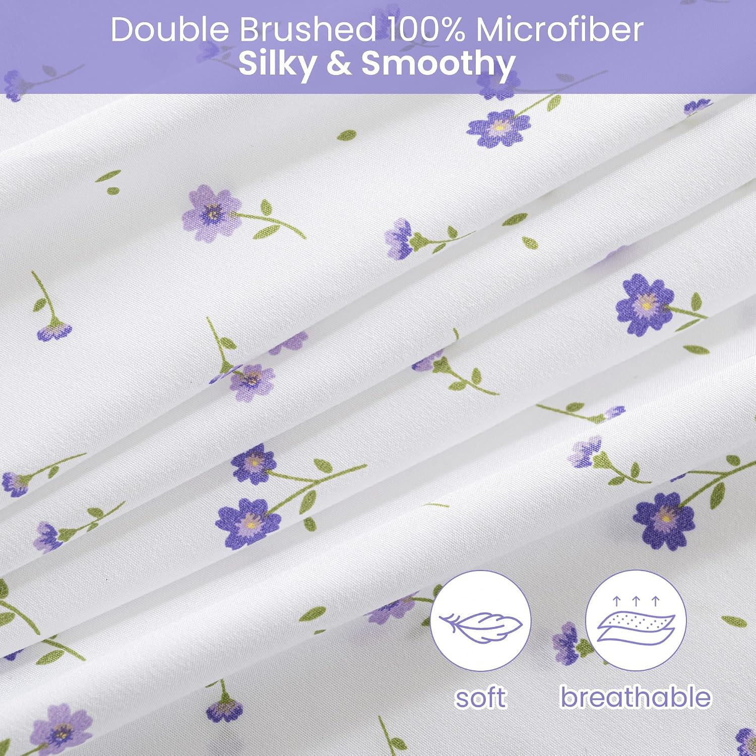 Detalle 2 de softan Purple Floral King Bed Sheet Set with 15-inch Deep Pocket Fitted Sheet & Non-Slip Straps