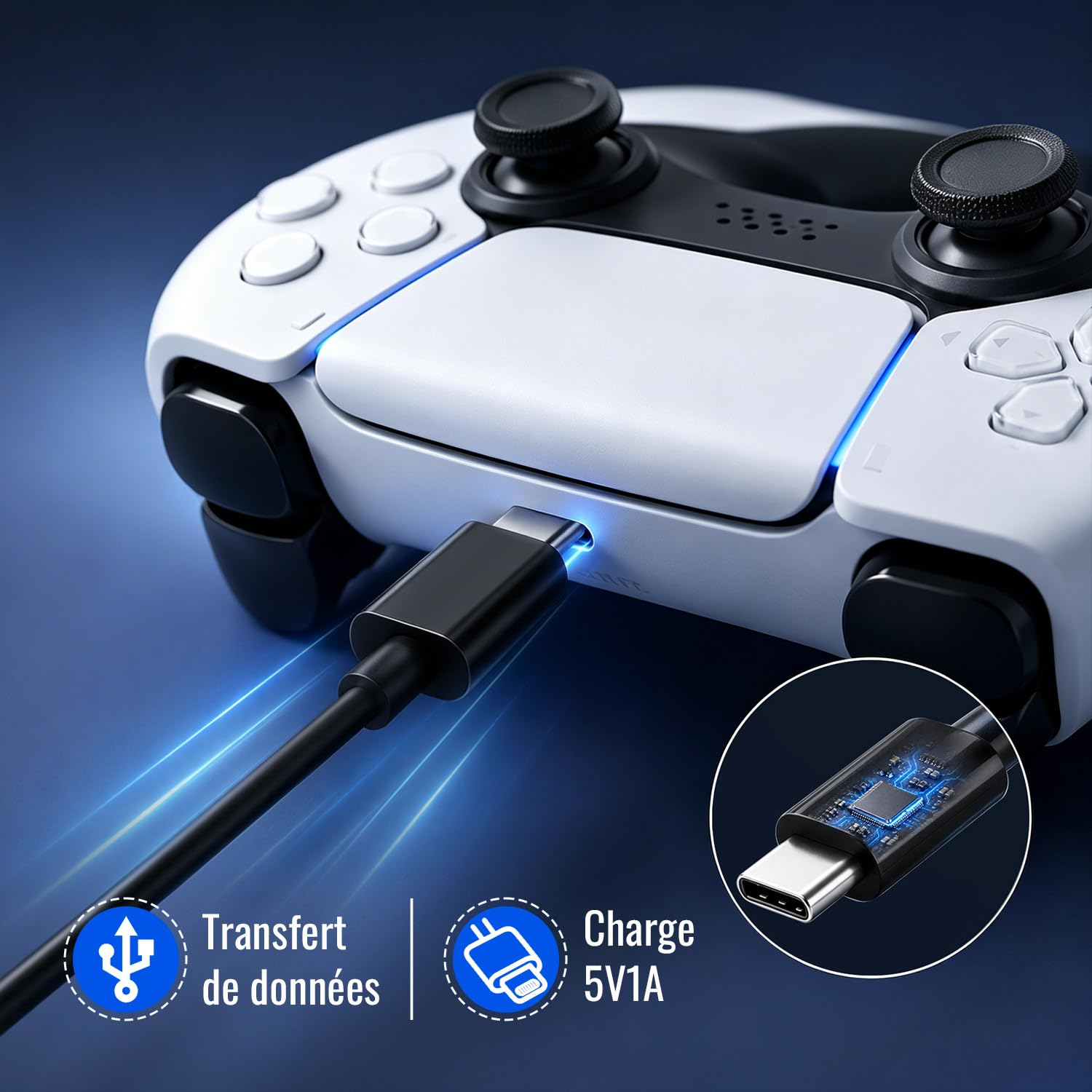 Detalle de Tolesum Câble USB-C 3m (USB-A vers USB-C) pour manettes PS5, Xbox Series X/S et Switch Pro