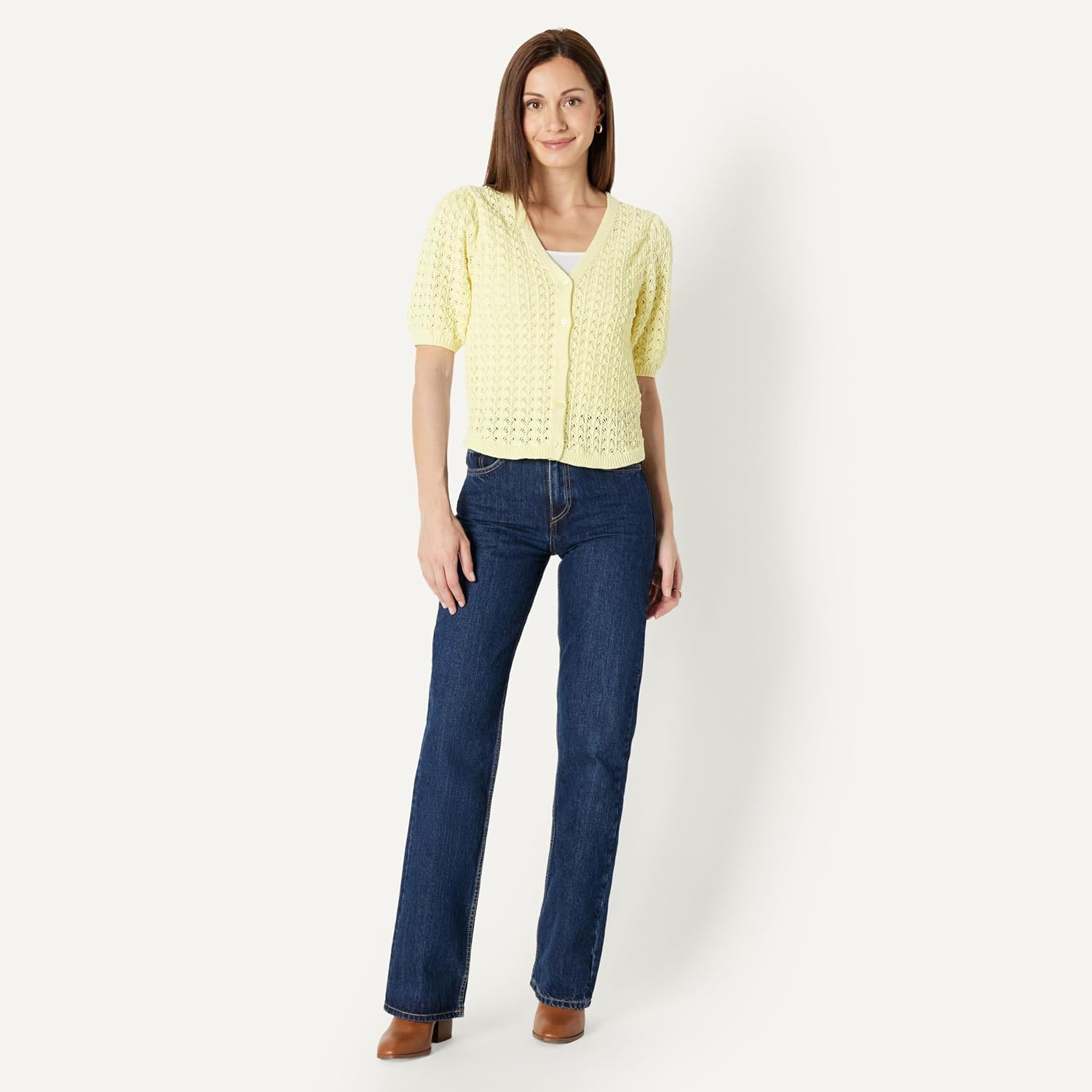 Detalle de Amazon Essentials Damen Kurzärmeliger Häkel-Cardigan aus Baumwolle