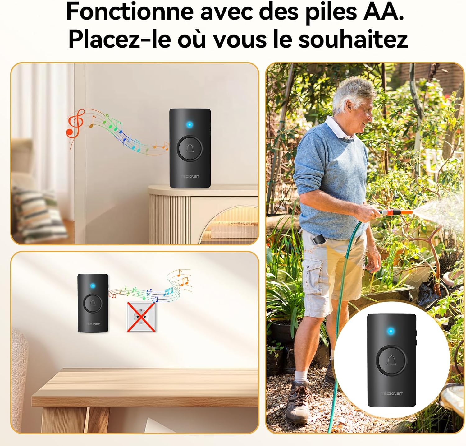 Detalle 2 de TECKNET Sonnette sans Fil Extérieure IP65 – 2 émetteurs + 1 récepteur à piles, portée 400 m