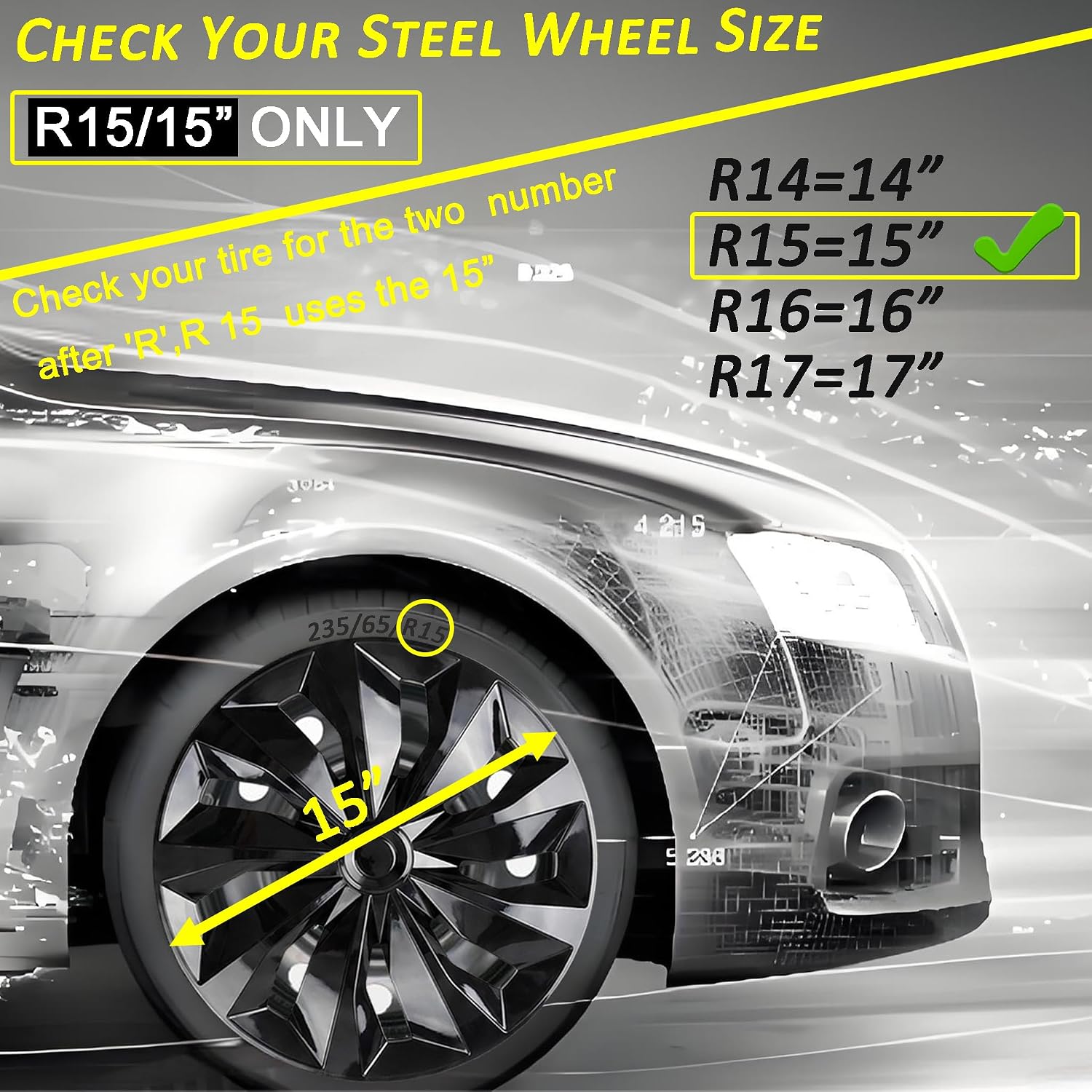 Thumbnail 2 de Hubcaps Wheel Covers Replacement R15 - Universal Fit 15-Inch ABS Steel Wheel Caps (Set of 4, Black)