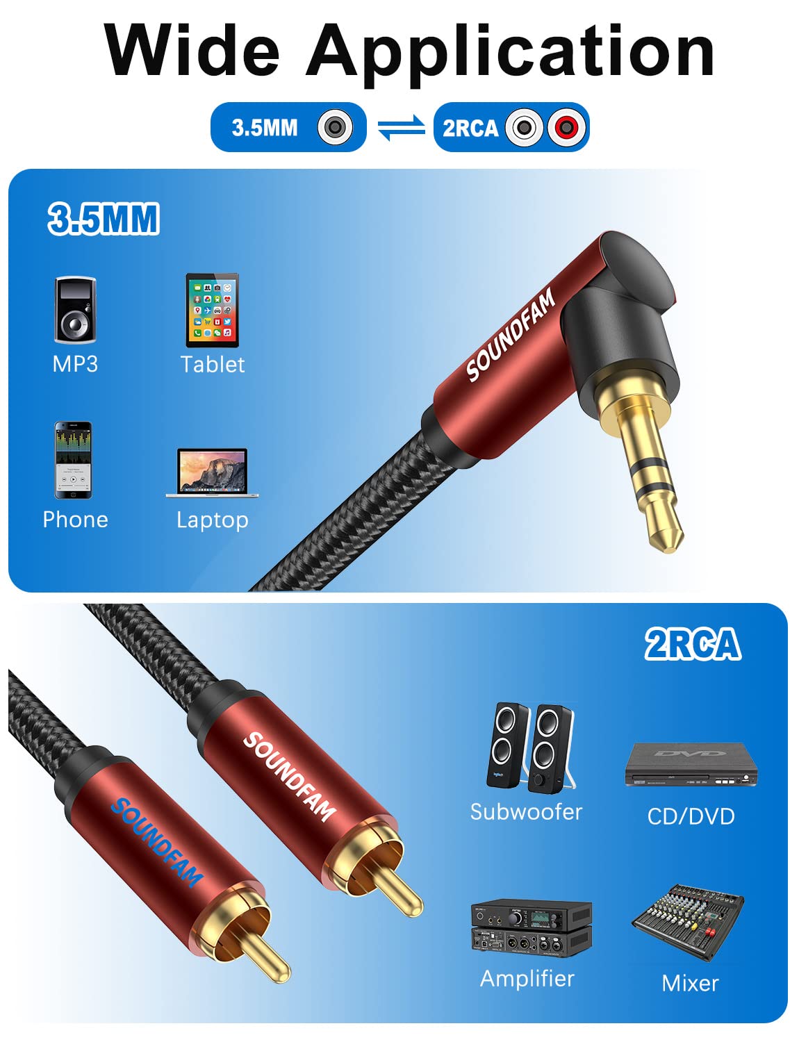 Thumbnail 1 de SOUNDFAM Cavo Audio Stereo HiFi 3,5mm a 2 RCA angolo retto 90° placcato oro 24K, doppia schermatura (3 m)