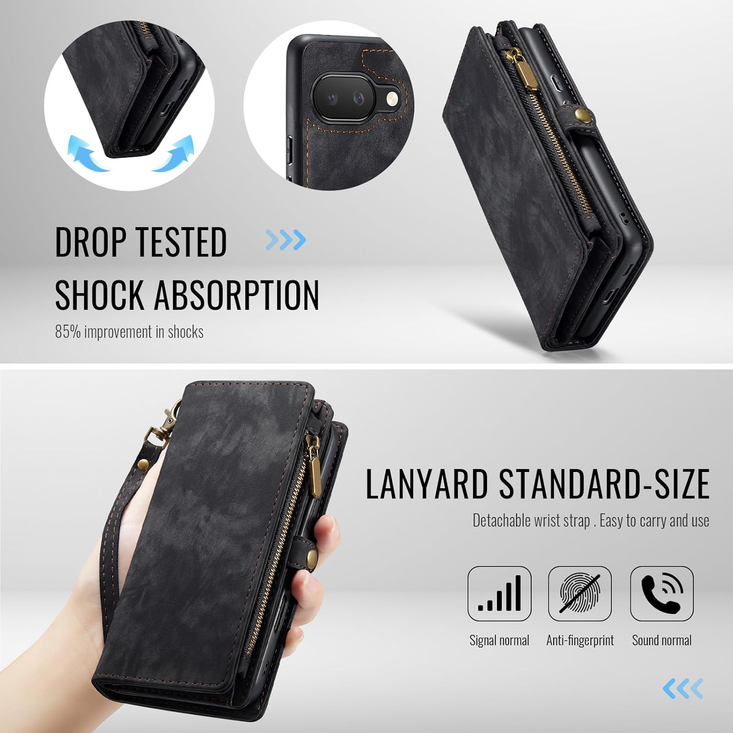 Thumbnail 6 de Phone Case for Google Pixel 9A with Zipper Wallet, Magnetic Detachable Cover and Tempered Glass Screen Protector