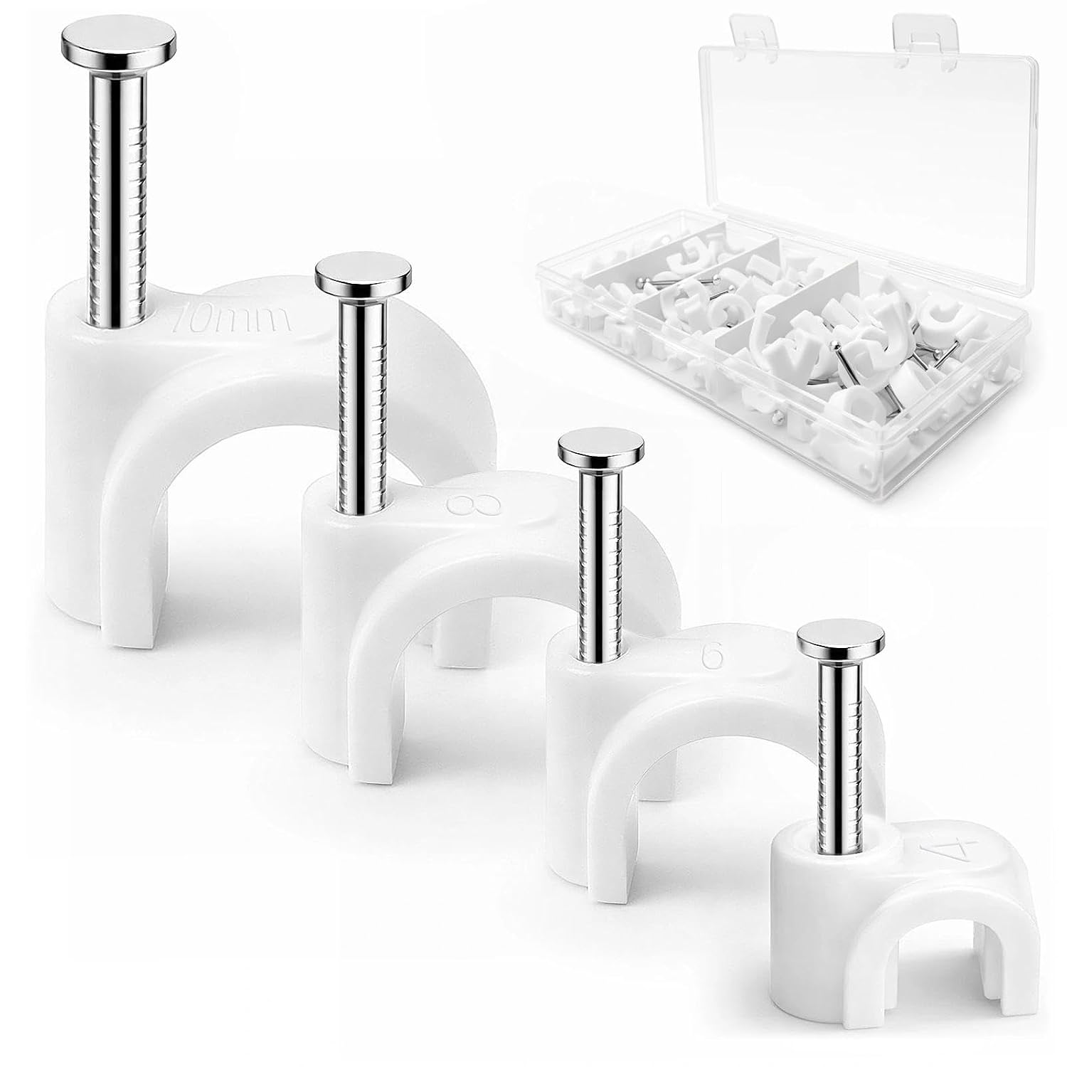 Detalle de Aujzoo kabelclips, 4, 6, 8 en 10 mm, 80 witte clips met stalen nagels