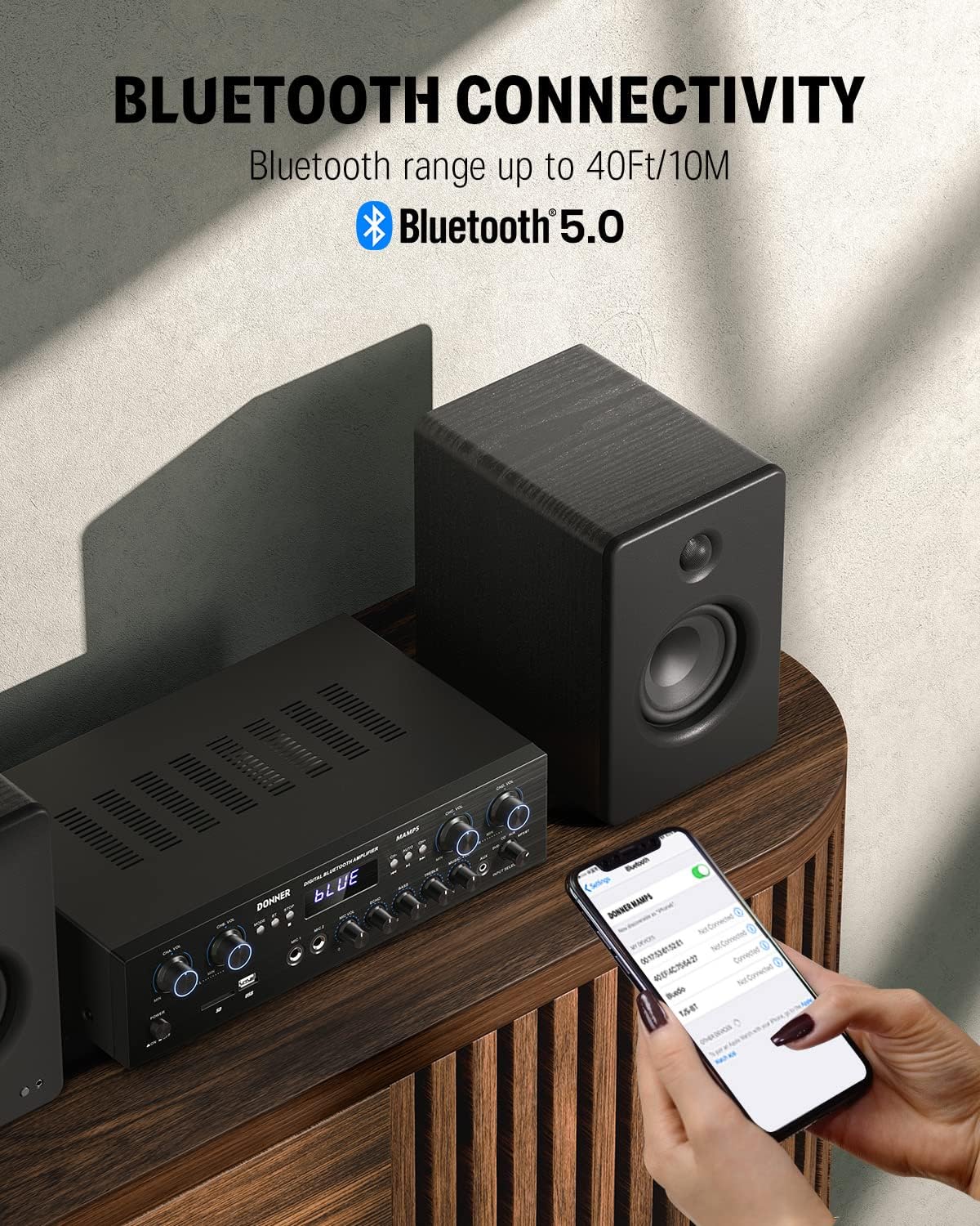 Detalle 1 de Donner MAMP5 4-Channel Stereo Amplifier with Bluetooth 5.0 and Dual Mic Inputs