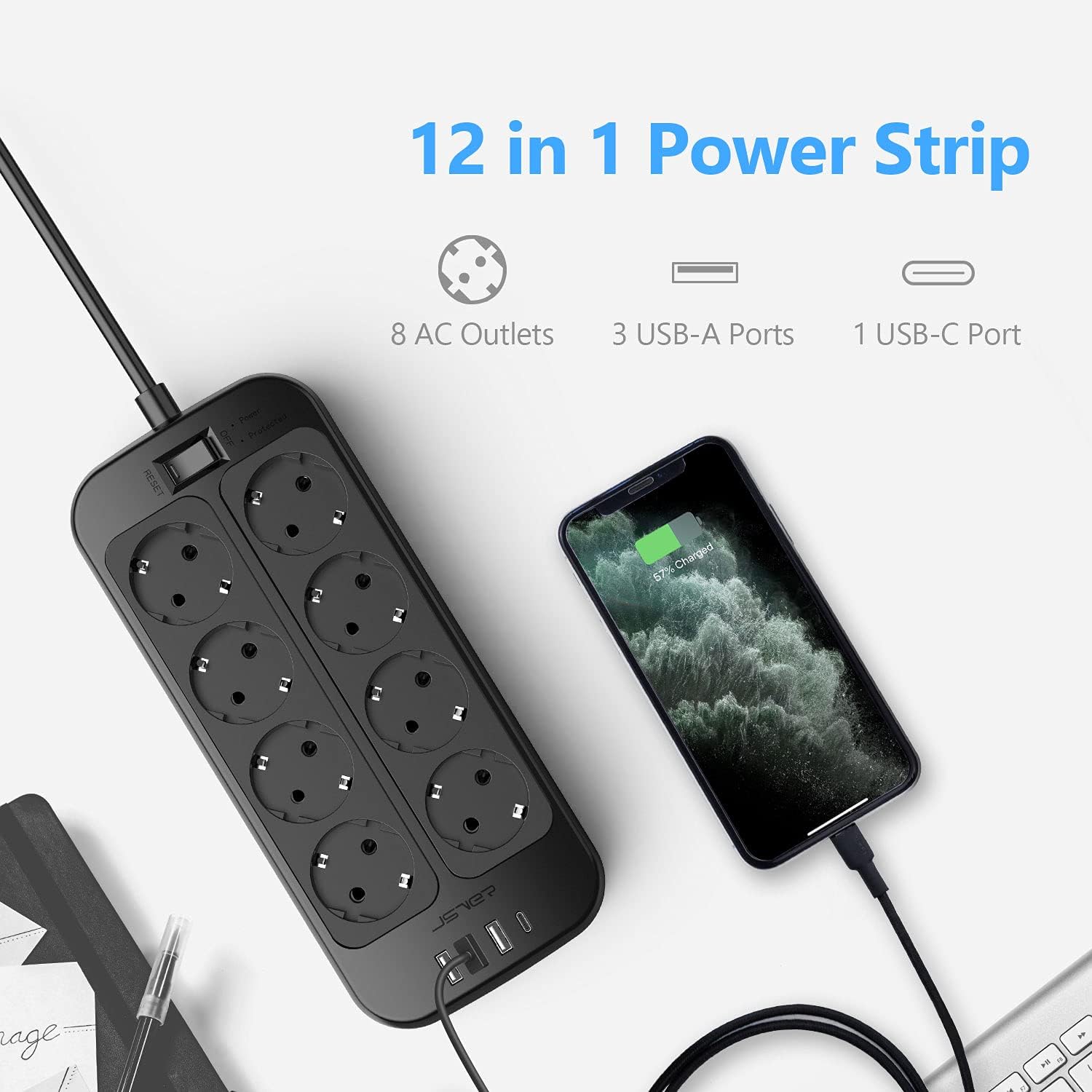 Thumbnail 1 de JSVER Multiprise 8 prises avec USB-C et USB-A, câble 2 m – Surtension, terre et interrupteur