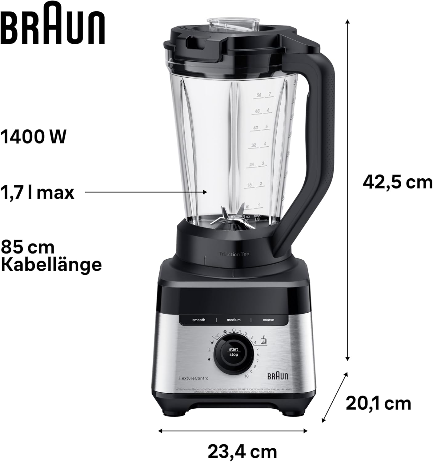 Detalle de Braun PowerBlend 7: Hochleistungs-Standmixer mit TriAction-Mixbehälter und 600 ml To-Go-Becher