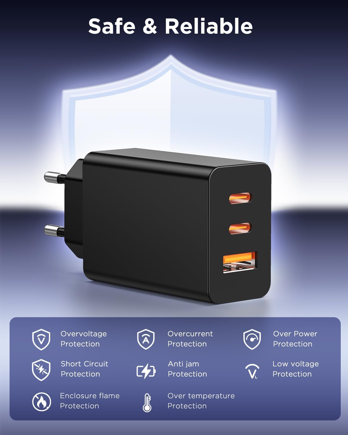 Detalle de 65W USB‑C Ladegerät mit 3 Ports für Samsung Galaxy S26/S25 Ultra – Kompaktes Netzteil inklusive Kabel