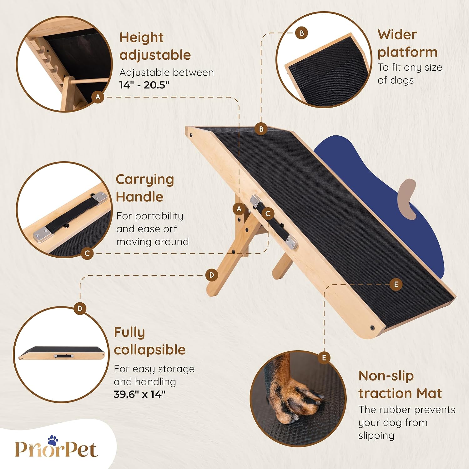Thumbnail 3 de PRIORPET Birchwood Foldable Dog Ramp for Couch – Adjustable 7" to 20