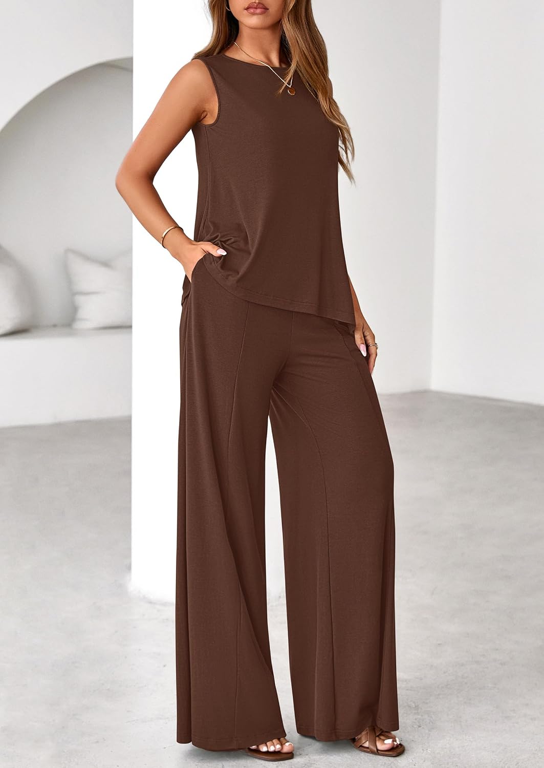 Detalle de PRETTYGARDEN Women's 2026 Two Piece Matching Lounge Set with Asymmetrical Top and Wide-Leg Pants