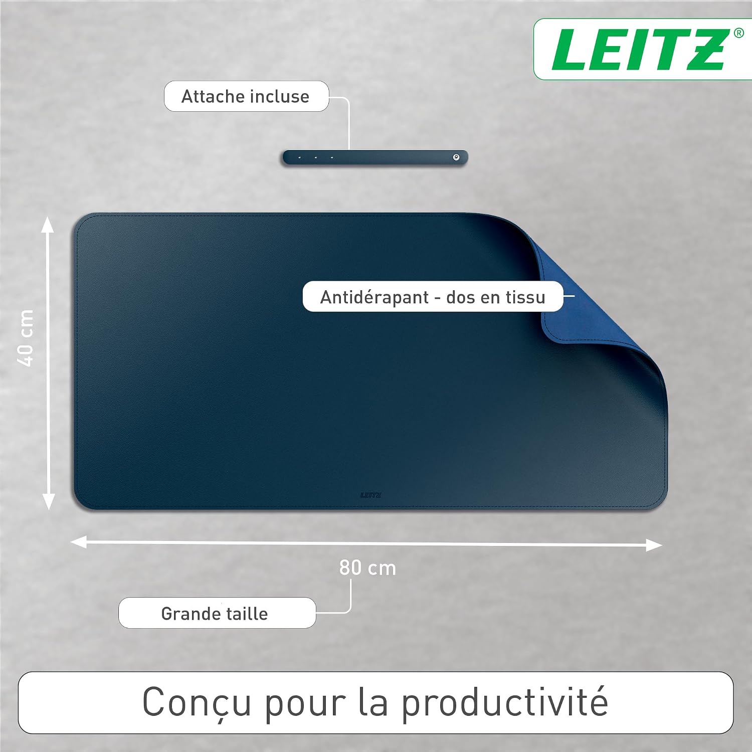 Detalle de Tapis de bureau grand format Leitz — Sous-main imperméable et antidérapant 80x40 cm, bleu foncé