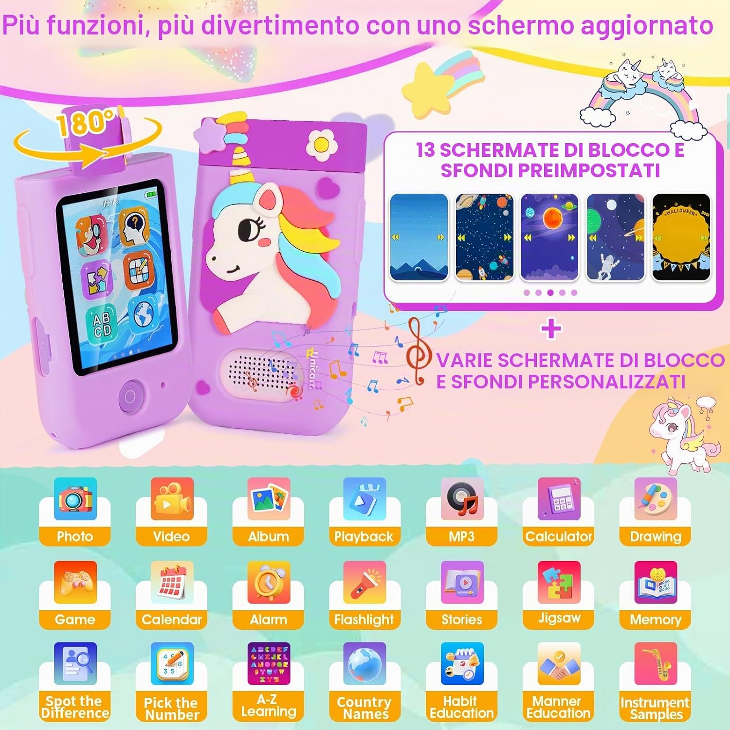 Thumbnail 1 de ARNSSIEN Macchina Fotografica per Bambini A200 con Obiettivo Girevole 180° – 1080P, touchscreen 2,8" e Custodia in Silicone