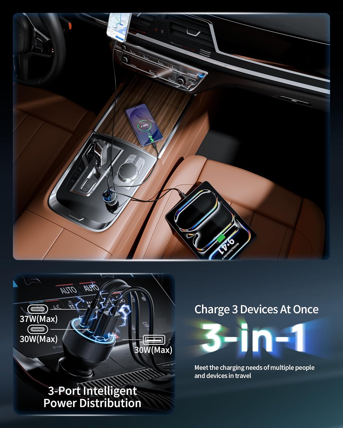 Thumbnail 3 de KENHAO 67W 3-Port Car Charger: USB-C PD + USB-A QC Fast Charge (2x USB-C, 1x USB-A)