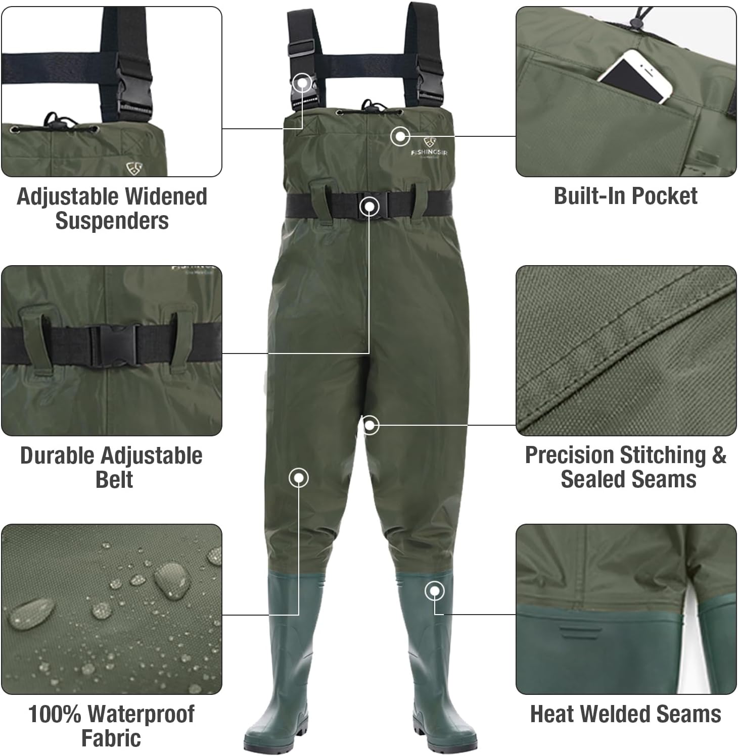Detalle de FISHINGSIR Fishing Waders for Men: 2-Ply Nylon/PVC Waterproof Bootfoot Chest Waders