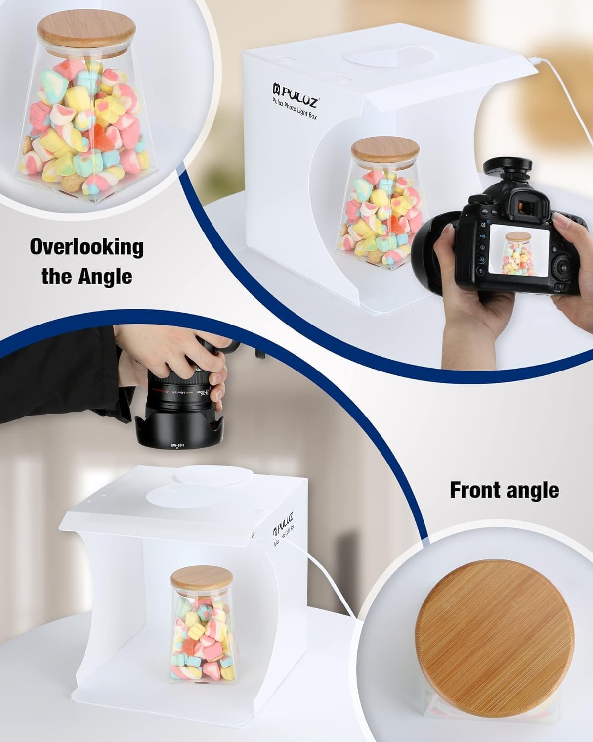 Detalle 2 de PULUZ Mini Fotobox (20 cm) mit 20 LED-Leuchten, Softbox-Zelt-Set und 6 Hintergründen