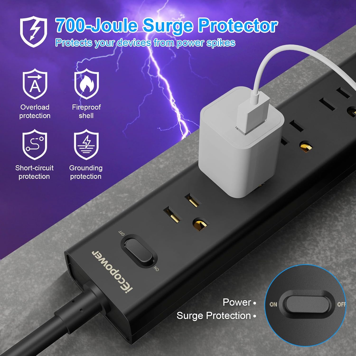 Detalle de 2 Pack Power Strip Surge Protector with 5 Widely Spaced Outlets, 3 USB Ports, 1250W/10A, 5ft Cord, Wall Mount (Black)