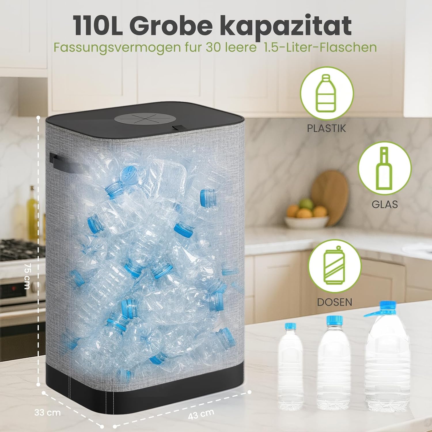 Detalle de AIUNAOM KCB01 składany kosz do segregacji 110 l z pokrywą i wyjmowanym workiem