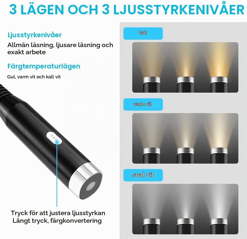 Detalle de URAQT uppladdningsbar halslampa för läsning med tre färgtemperaturer