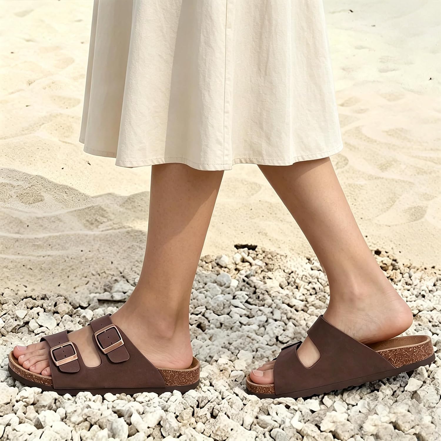Detalle de ODOLY Unisex Cork Insole Slides with Adjustable Straps