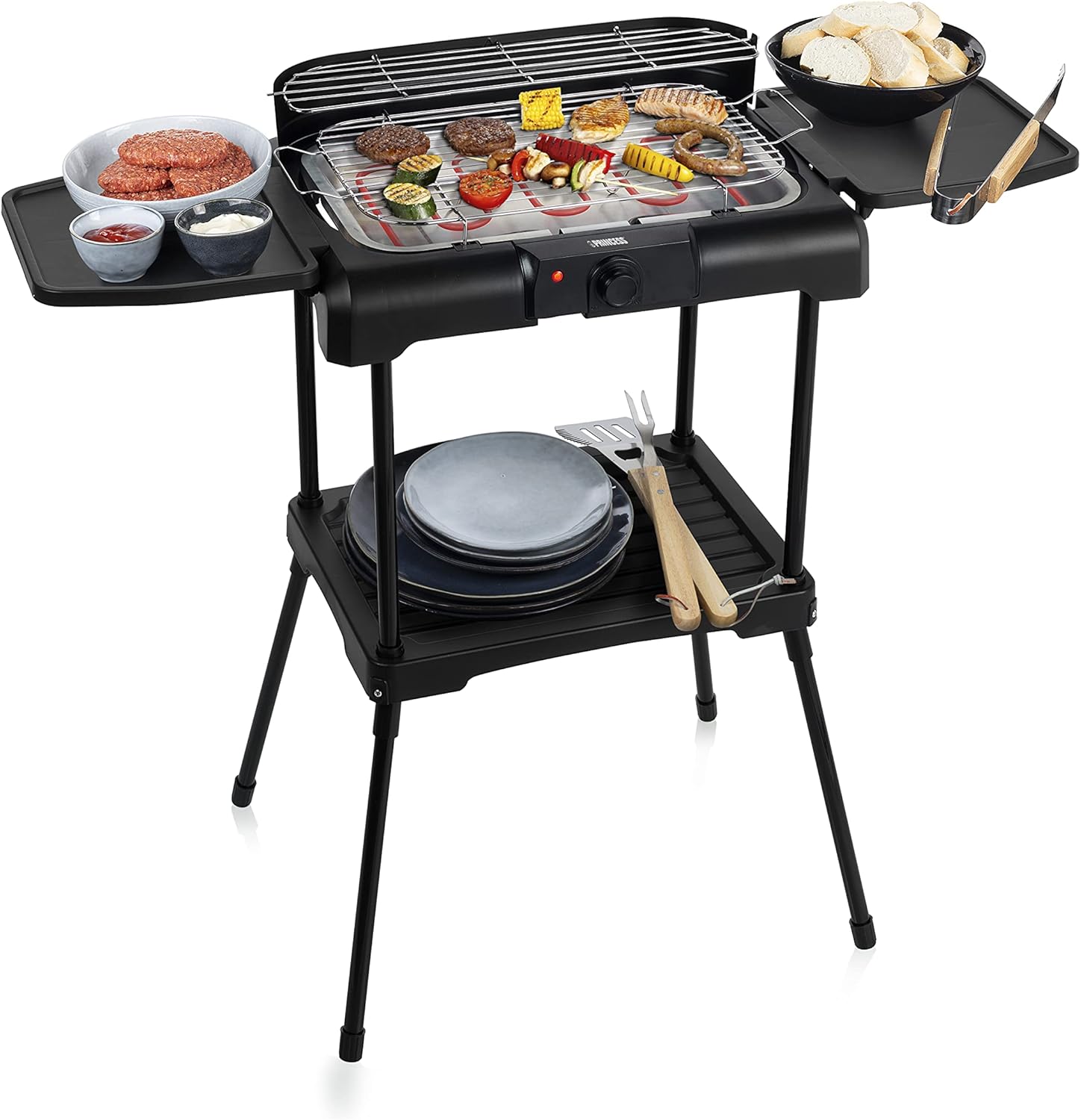 Princess Barbecue Elettrico con Mensole, 2200 W - Anti-fumo, Paravento, 40 x 24,5 cm