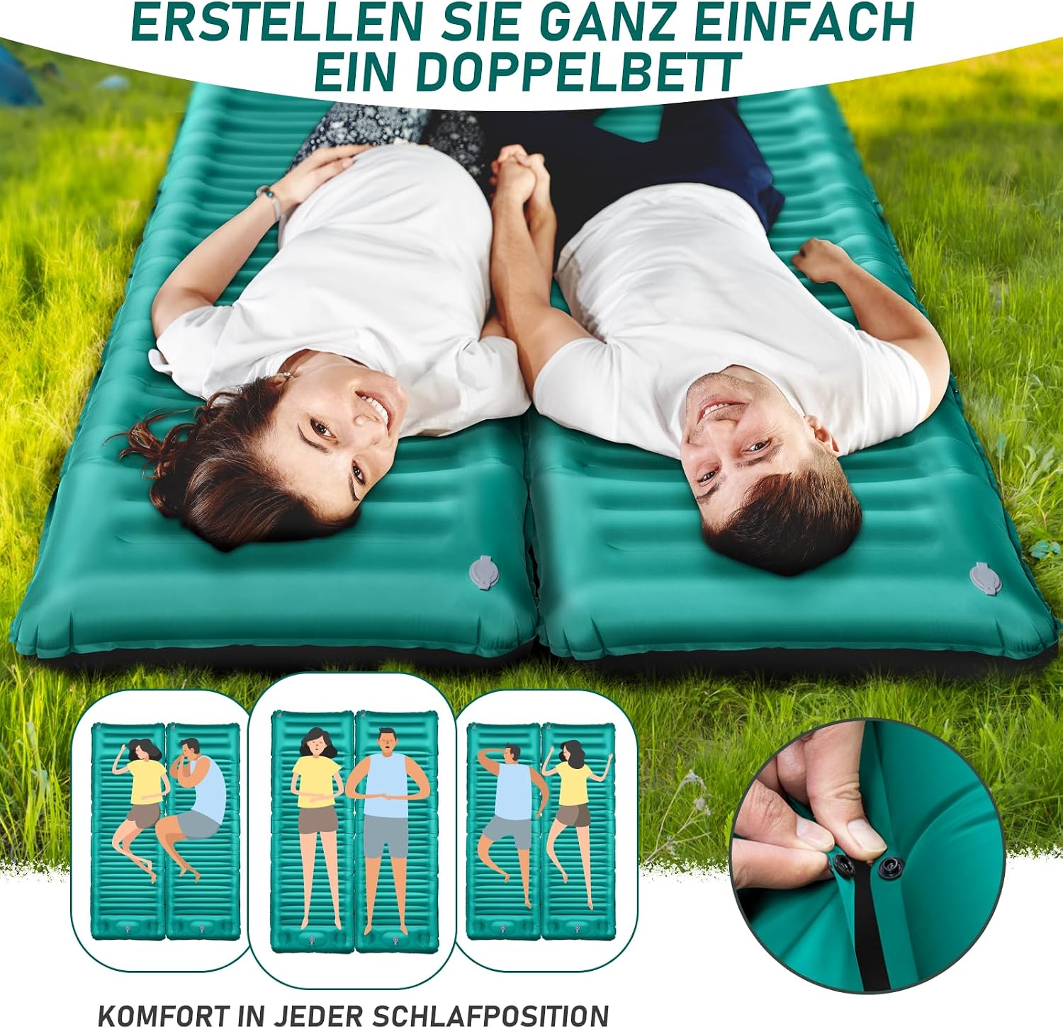 Detalle 2 de JEMULICE Isomatte Camping 12 cm ultradick mit Fußpumpe – ultraleicht & kleines Packmaß für Zelt und Wandern
