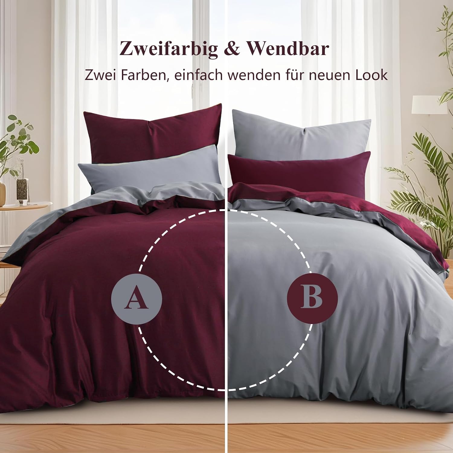 Thumbnail 6 de RUIKASI Bettwäsche-Set 200x220 cm, 3-teilig, Baumwolle Rot – Wendebettwäsche Burgunderrot/Grau