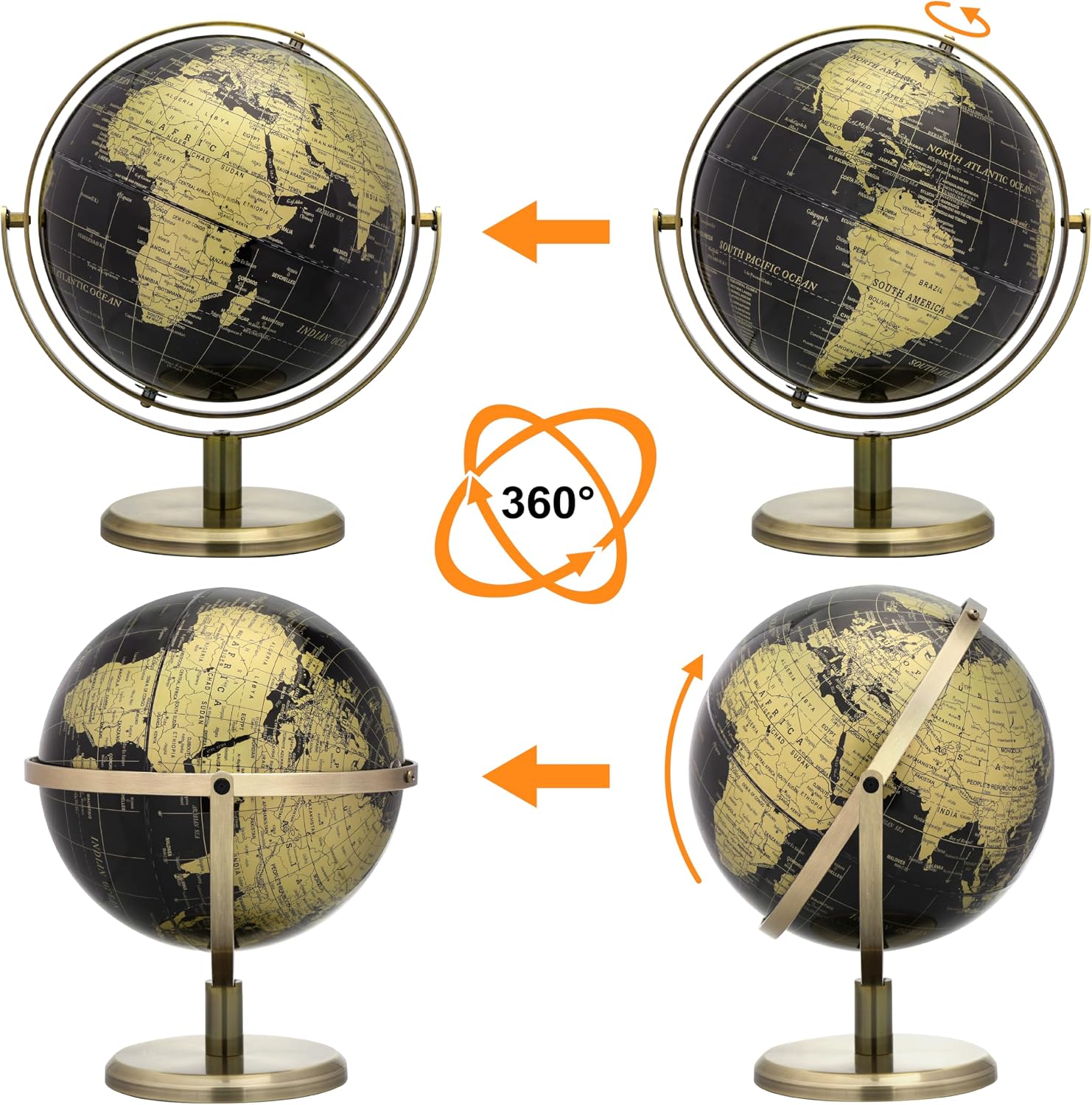Detalle 1 de Exerz EX-GL20-360BLK-GLD 20 cm World Globe, 360° Rotating English Map