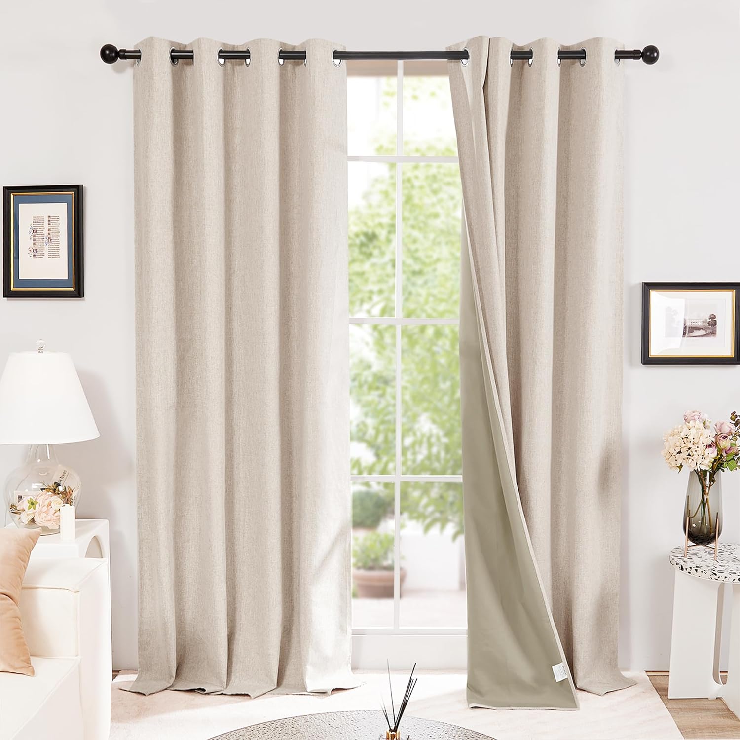 Detalle de Deconovo Total Blackout Faux Linen Eyelet Curtains (Pale Khaki) – 1 Pair, W66 x L72 inch