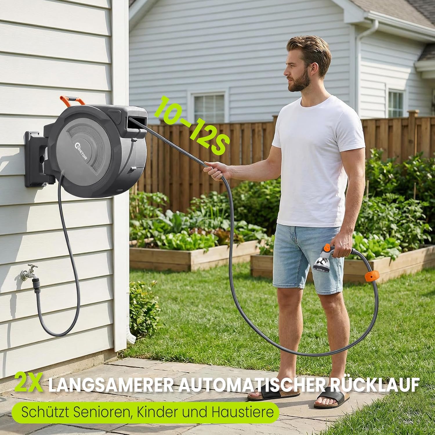Thumbnail 4 de Bietor Schlauchtrommel Wasser 45m + 2m – 180° Schwenkbare Wandhalterung, automatische Aufrollung mit 10‑Funktionen Sprühdüse