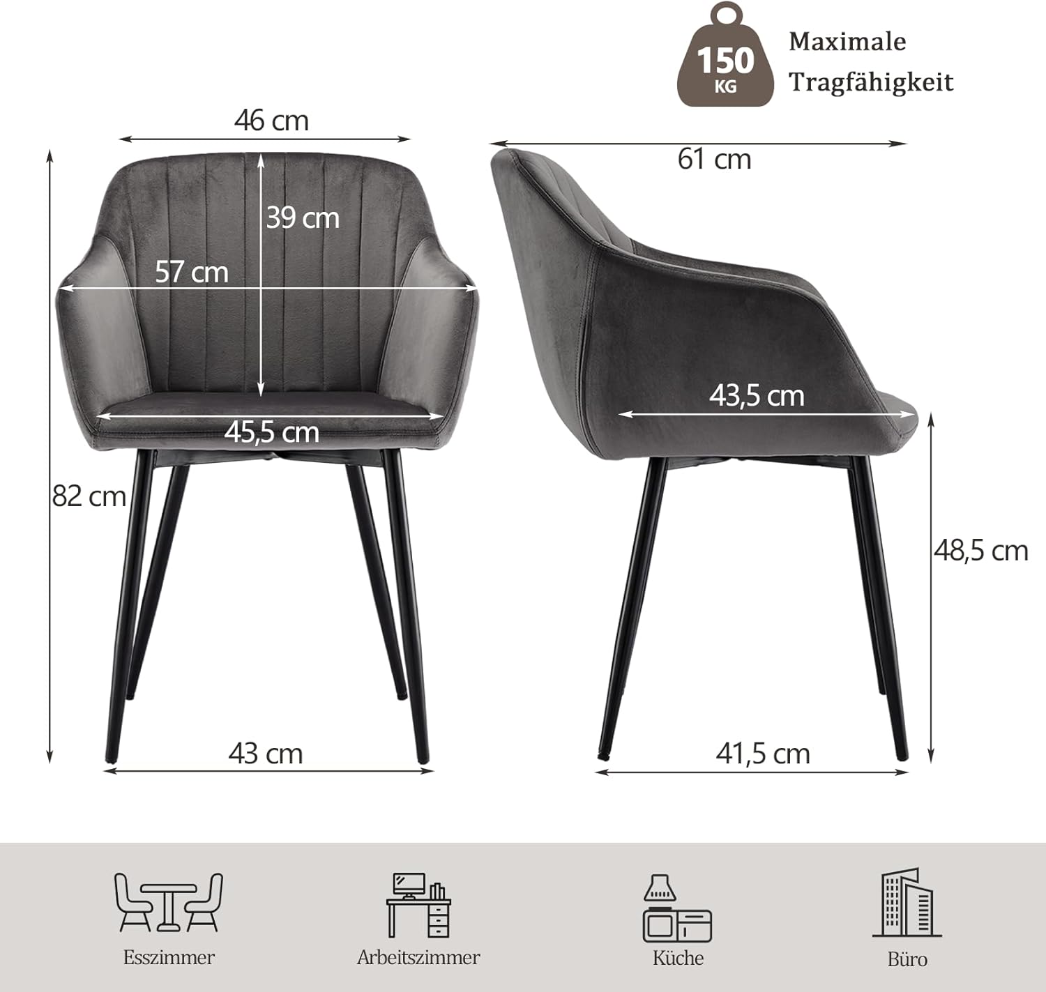 Thumbnail 2 de Goeurvant Set Sedie Cucina da 4 con Bracciolo in Velluto Grigio Scuro – Comfort ed Eleganza per la Sala da Pranzo