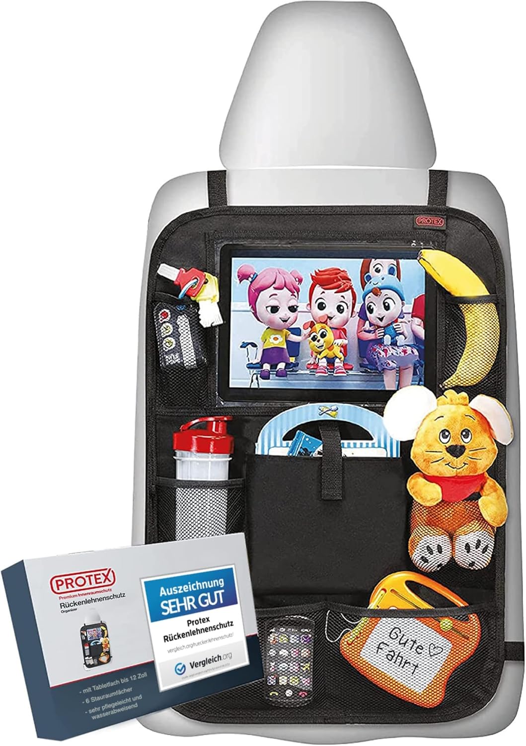 Detalle de PROTEX Rückenlehnenschutz Organizer – 2-in-1 Auto-Organizer mit Tabletfach, 45 × 65 cm, schwarz