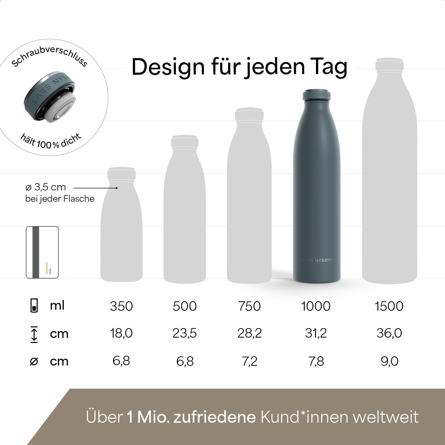 Thumbnail 3 de LARS NYSØM Edelstahl-Trinkflasche Ren (1.000 ml) – 18/8 Stahl, auslaufsicher, kohlensäuregeeignet