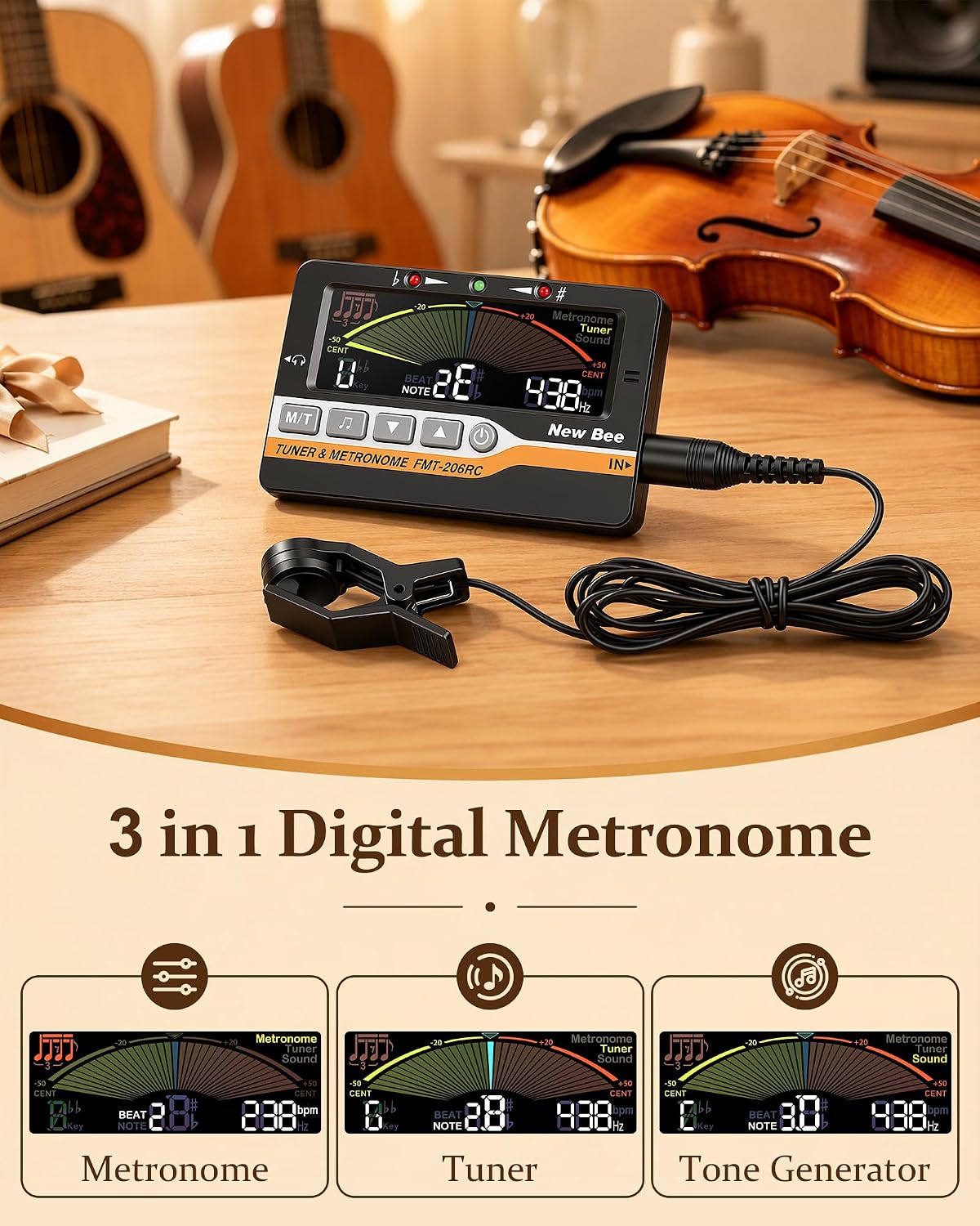 Detalle de New Bee FMT-206RC 3-in-1 Digital Metronome, Tuner and Tone Generator